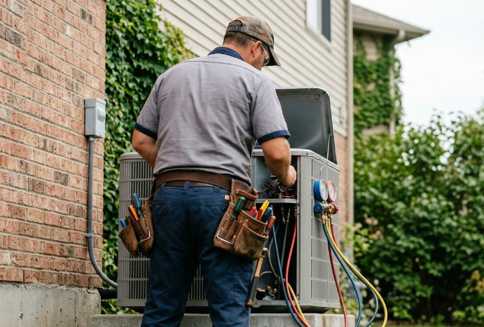 A man is checking on the Air conditioner compressor