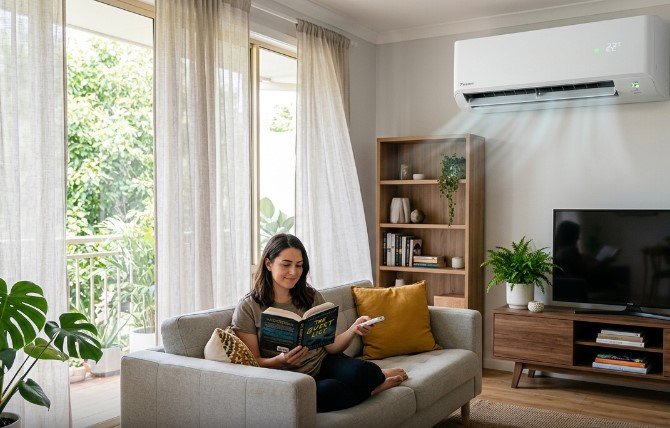 A woman sitting comfortably in a fully Air Conditioned room while reading a book