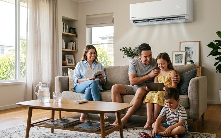 A family sitting comfortably in a fully Air Conditioned living room
