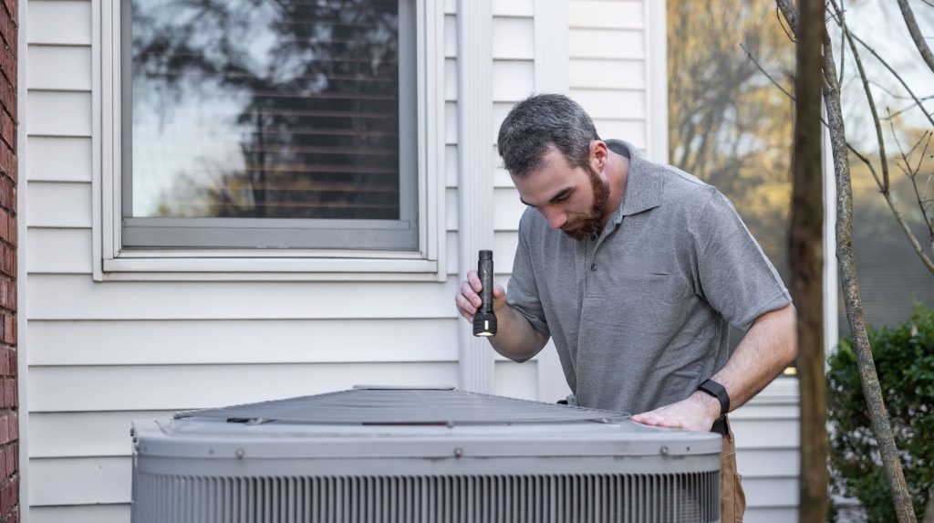 Technician using a flashlight to inspect an outdoor air conditioning condenser beside a home